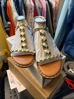 Nine West Gold Pyramid-Stud T-Strap Sandals with Tan Footbed